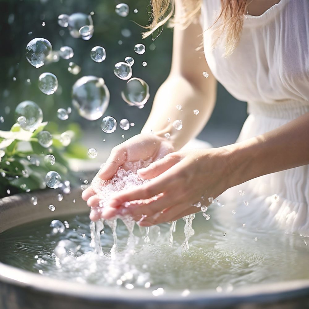 A PHOTO OF BEAUTIFUL LADY HANDS WASHING GARMENTS IN WATER SOUP BUBBLES CLOSE UP SHOT WHITE TONE